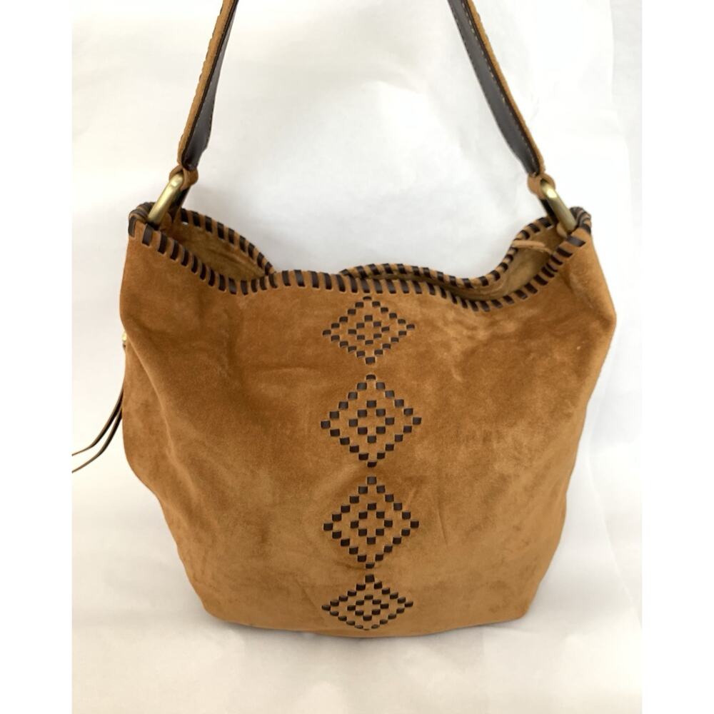 HOBO HARLEY BROWN SUEDE WHIP STITCH TRIM SHOULDER BAG PURSE EXCELLENT ! - Picture 4 of 16